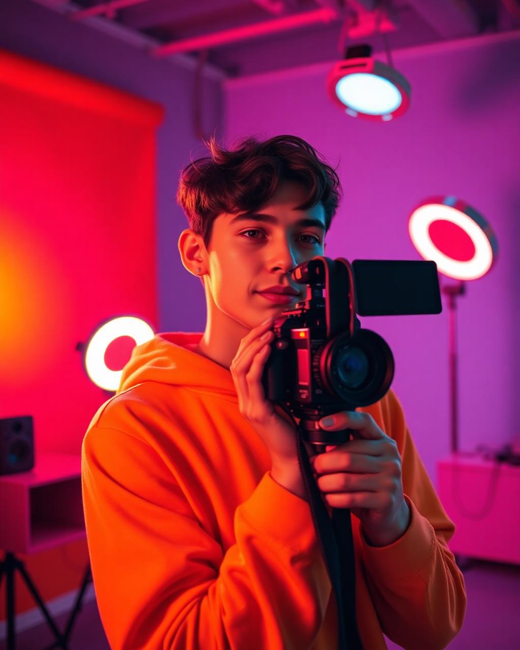 Young creator with cinema camera in a studio